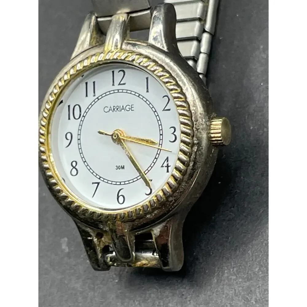 Vintage Carriage 30M Timex Watch Women Gold Tone Stretch Band Two Tone 24mm
